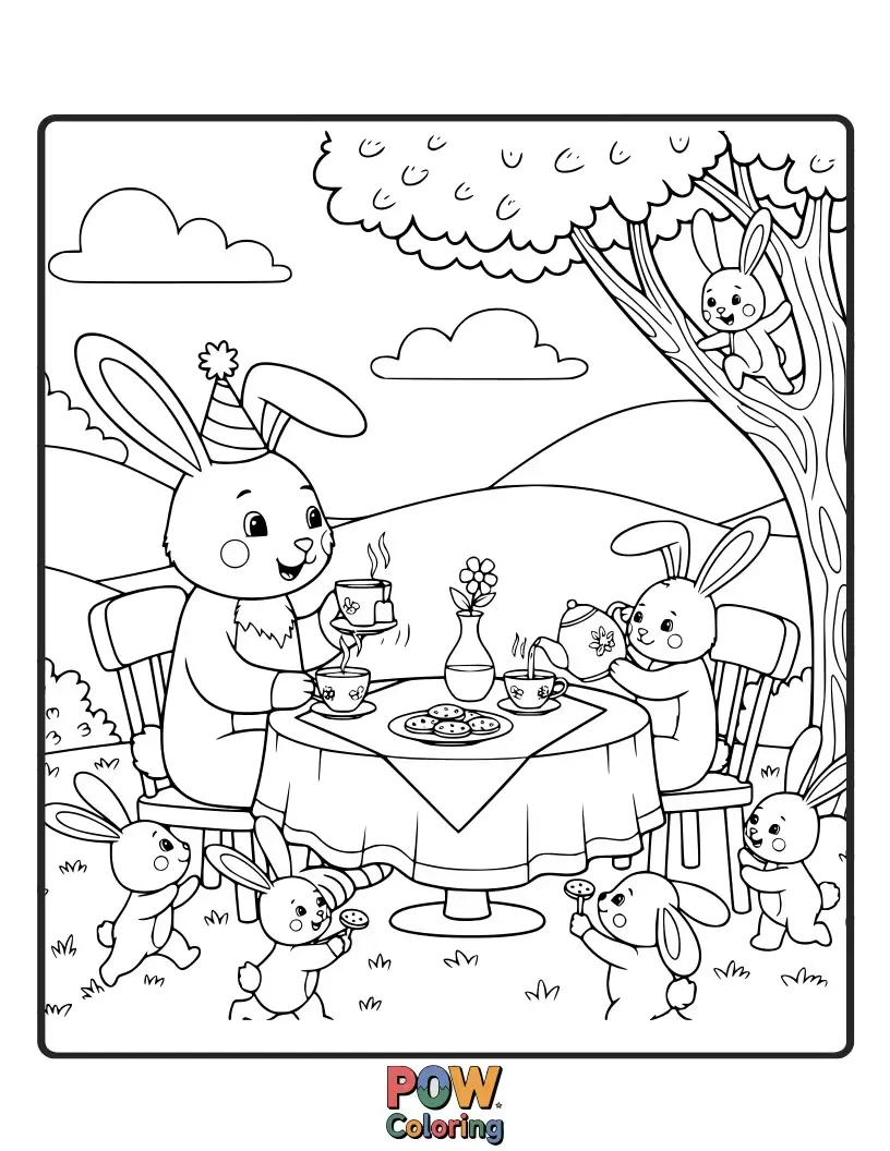 Free coloring page of A sophisticated bunny hosts an elegant tea party with tiny teacups and delicate pastries in a garden setting.