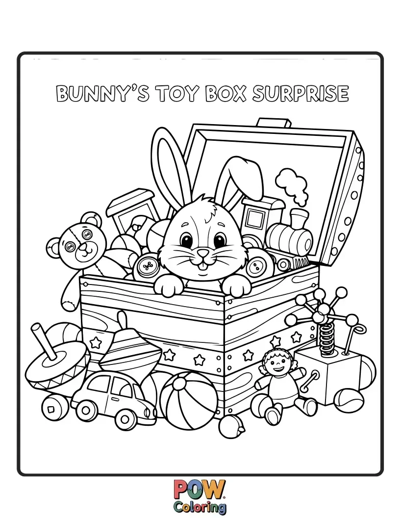 Free coloring page of A surprised bunny peeks out from a overflowing toy box, surrounded by various fun toys.