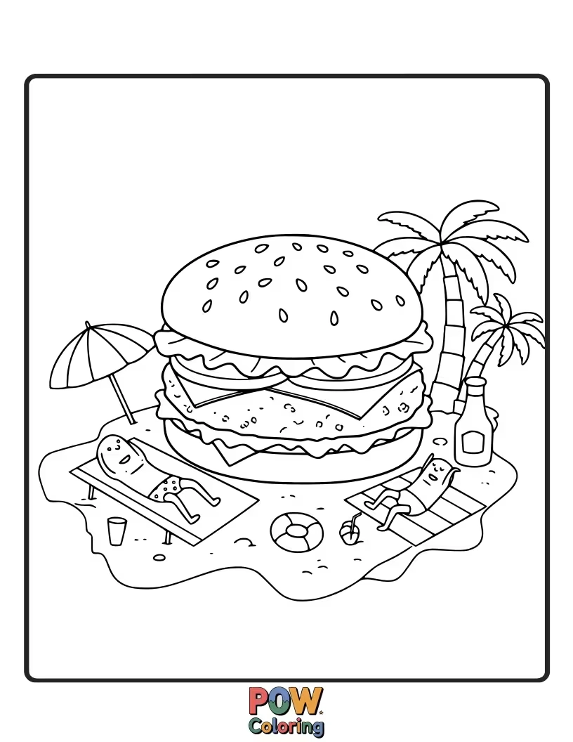Free coloring page of A burger relaxing on the beach with an umbrella and beach ball. Sunny and cheerful.