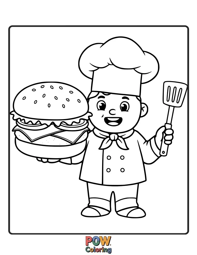 Free coloring page of A friendly burger character wearing a chef's hat, ready to cook up some fun. Creative and engaging.