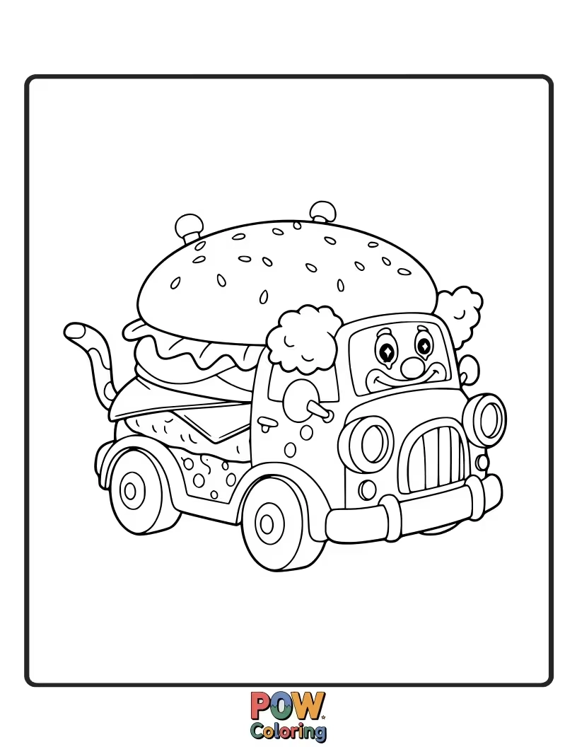 Free coloring page of A comically oversized burger crammed into a tiny clown car. Hilarious and fun.