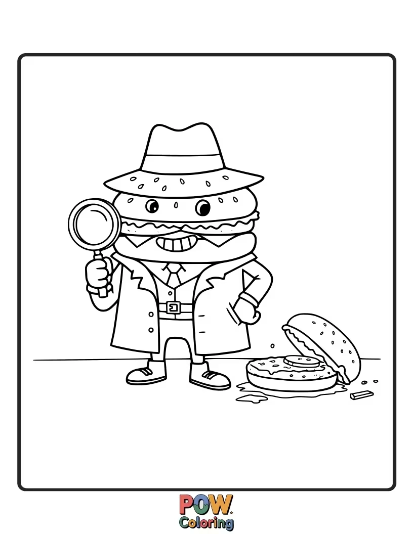 Free coloring page of A burger with a magnifying glass and a trench coat, solving culinary crimes. Intriguing and smart.