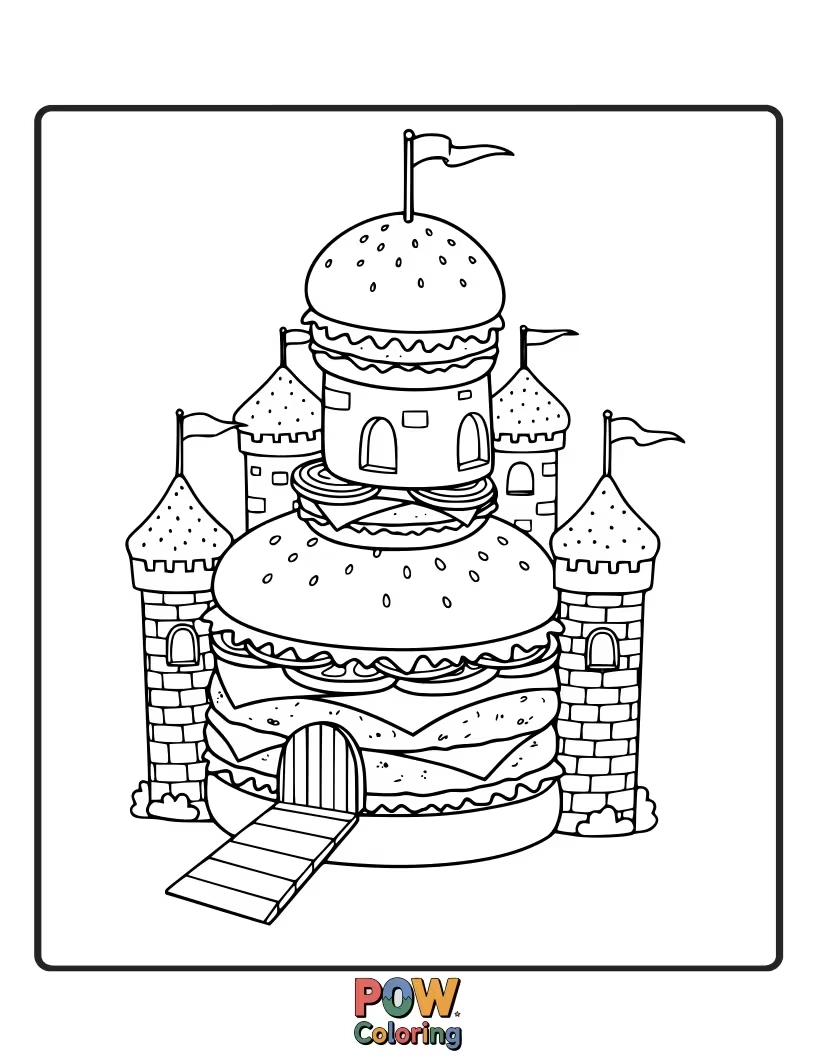 Free coloring page of A magical burger resembling a fairy tale castle, complete with turrets and flags. Enchanting creation.