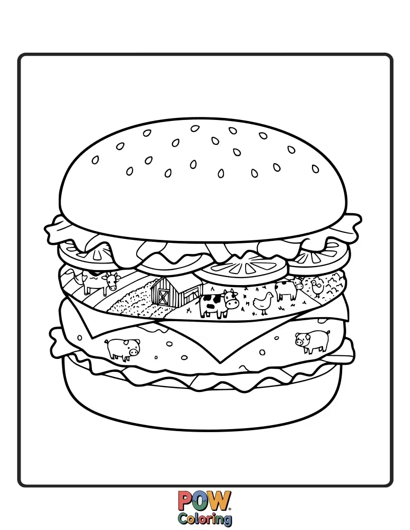 Free coloring page of A burger surrounded by fresh vegetables and farm elements. Celebrating nature's bounty.
