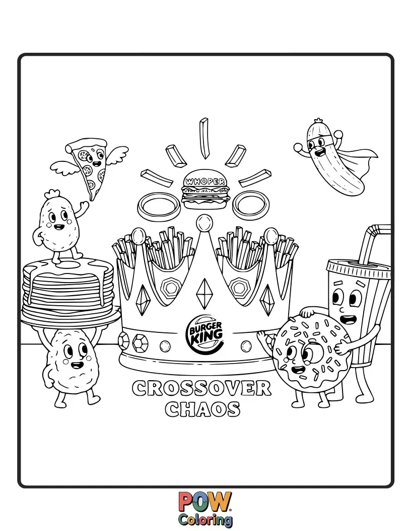 Free coloring page of A Burger King crown playfully bumping into a Big Mac with confused expressions.