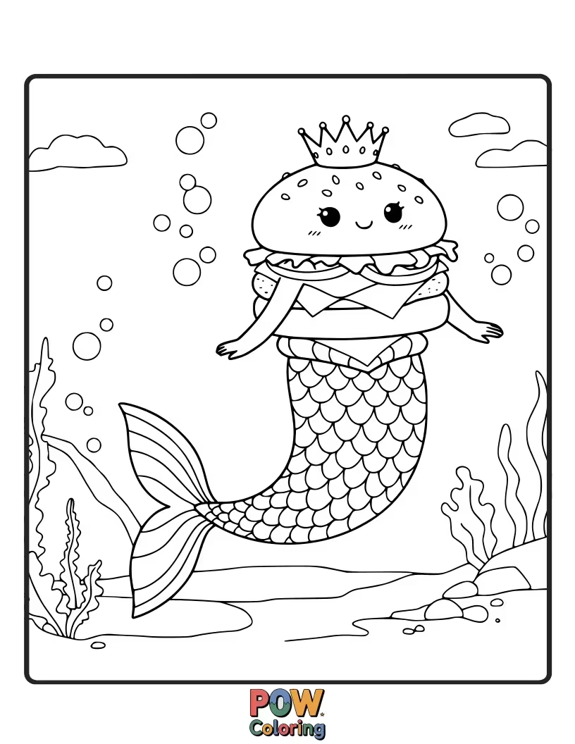 Free coloring page of A whimsical burger with mermaid fins and seashell decorations. Underwater culinary magic.