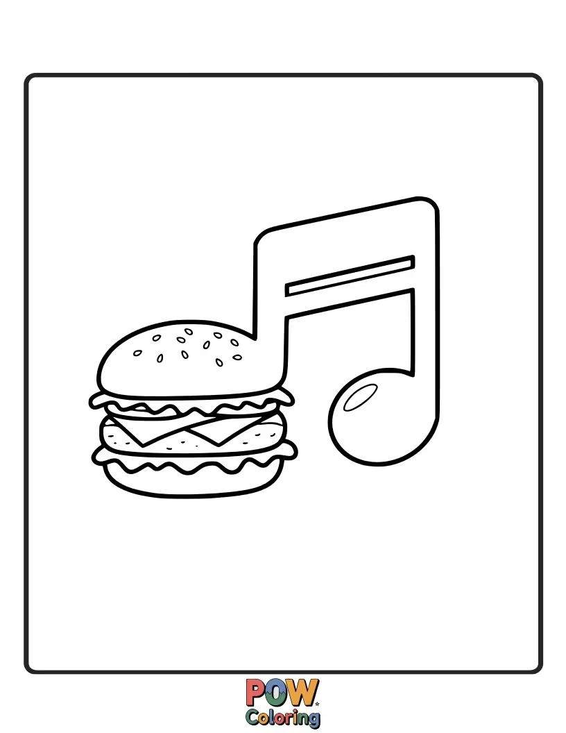 Free coloring page of A burger with musical notes surrounding it, creating a harmonious visual treat. A tasty tune.
