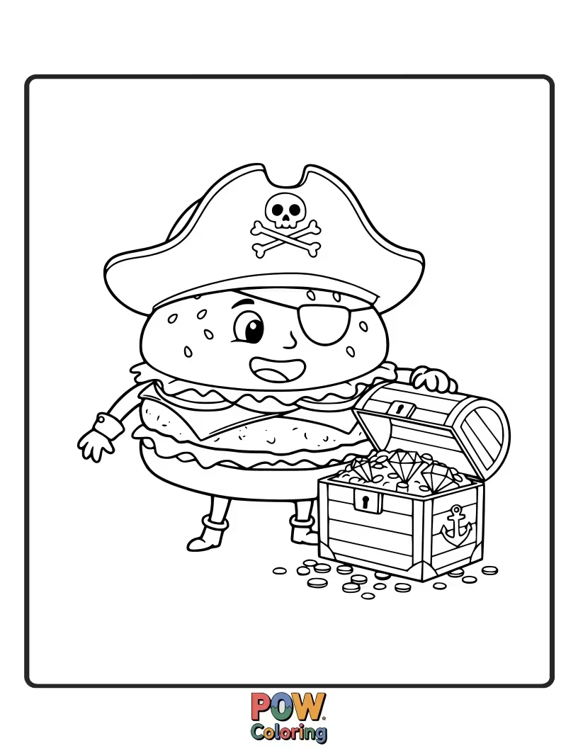 Free coloring page of A burger as a pirate captain, with an eyepatch and a treasure map. Ahoy, matey!