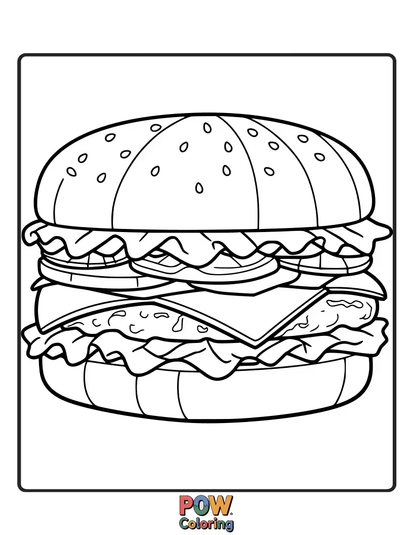Free coloring page of A colorful burger with bun, patty, and toppings featuring a rainbow pattern. Vibrant and cheerful.