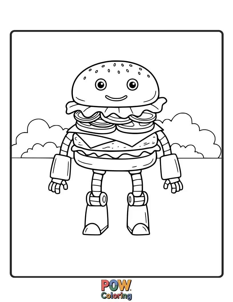 Free coloring page of A friendly burger robot, with circuits and bolts, ready for a metallic coloring experience. Futuristic fun.