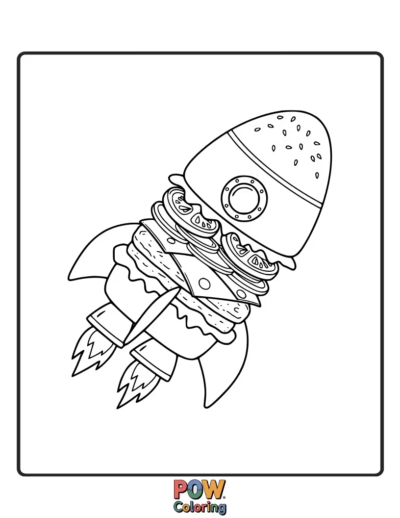 Free coloring page of A burger designed like a rocket ship, ready to blast off into imagination. Space exploration fun.