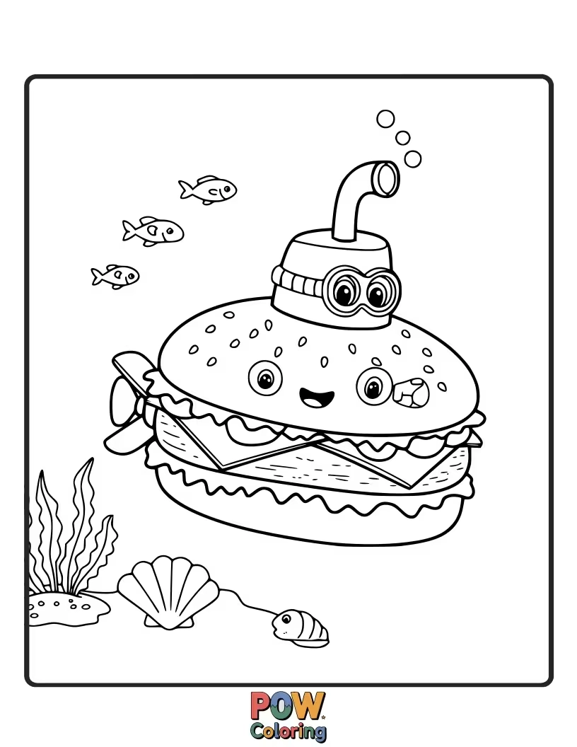 Free coloring page of A burger transformed into a submarine exploring the culinary ocean. Dive into creativity.