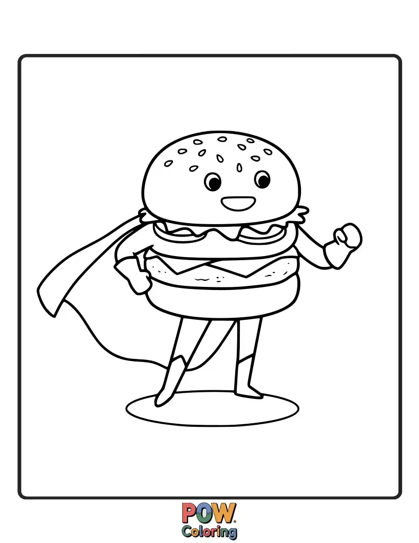 Free coloring page of A powerful burger in a superhero costume, ready to save the day. Comic book excitement.