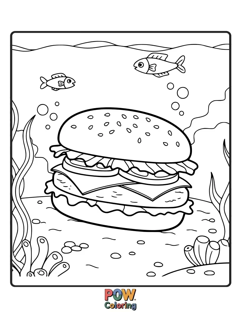 Free coloring page of A burger exploring the ocean depths, surrounded by fish and coral. Aquatic artistry.