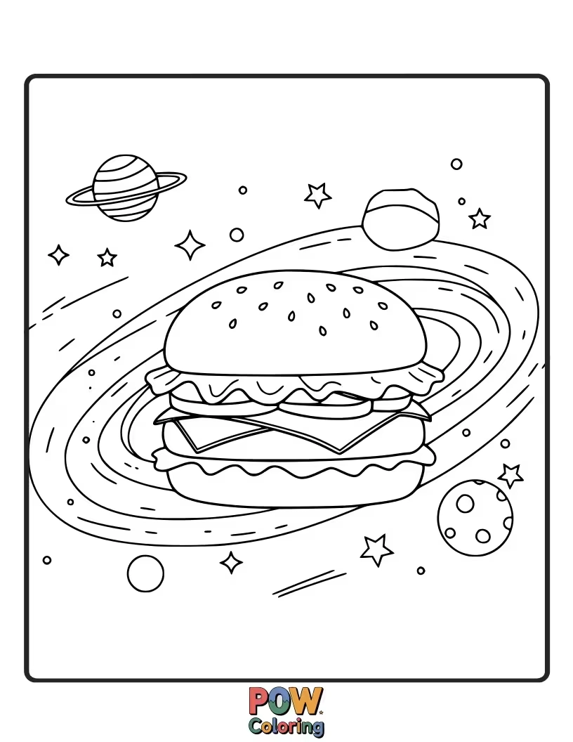 Free coloring page of A burger floating among stars and planets in the vastness of space. Cosmic culinary journey.