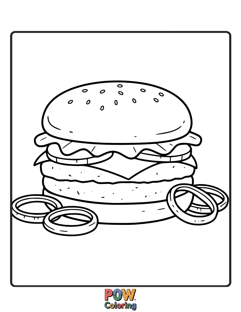 Free coloring page of A satisfying burger paired with crunchy, golden onion rings. A delightful diner meal.