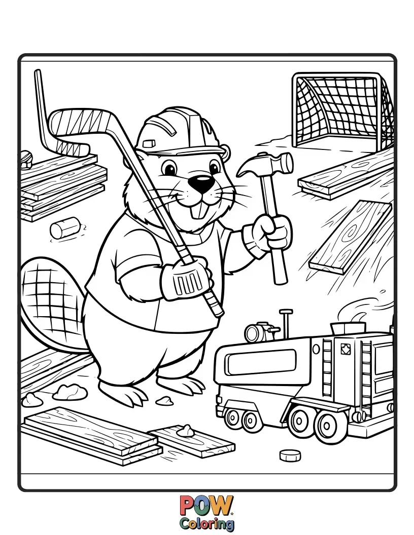 Free coloring page of A determined beaver in a hard hat and skates building a hockey rink out of logs and ice blocks. Industrious and cute!