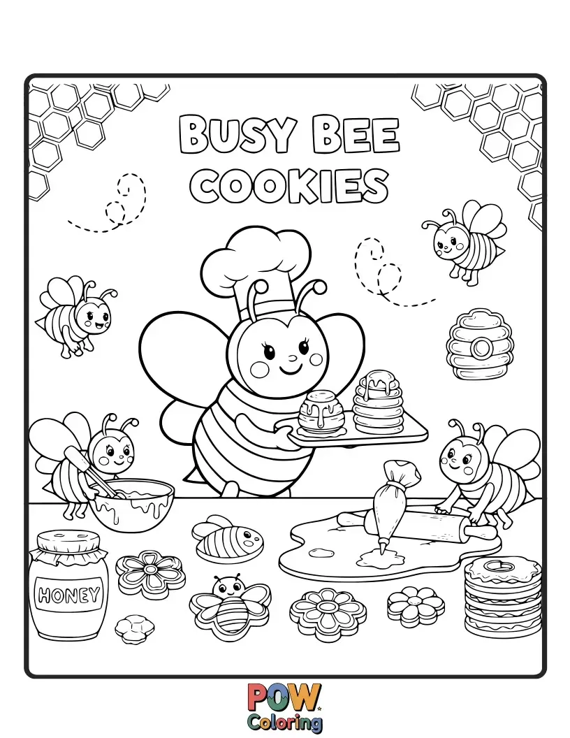 Free coloring page of Charming cookies shaped like cheerful bees buzzing around flowers and honeycombs. A sweet, industrious scene.