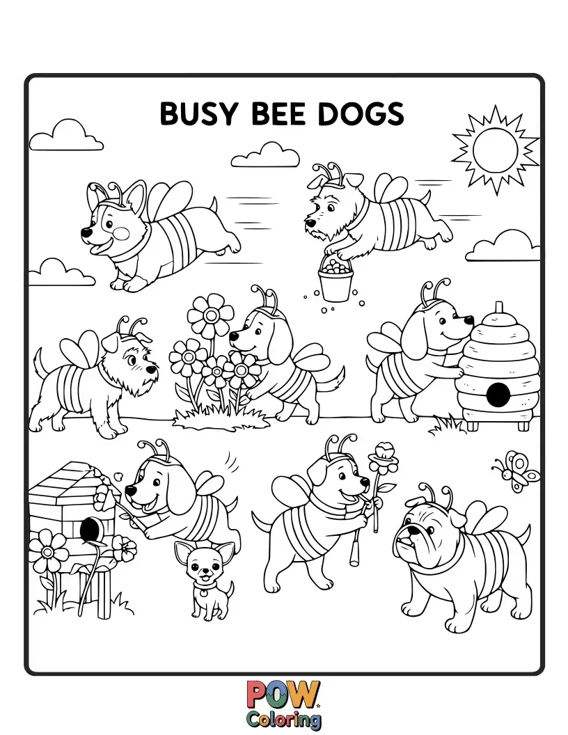 Free coloring page of Adorable dogs playfully interacting with friendly bees and buzzing around colorful flowers, perfect for a sweet, nature-themed coloring page.