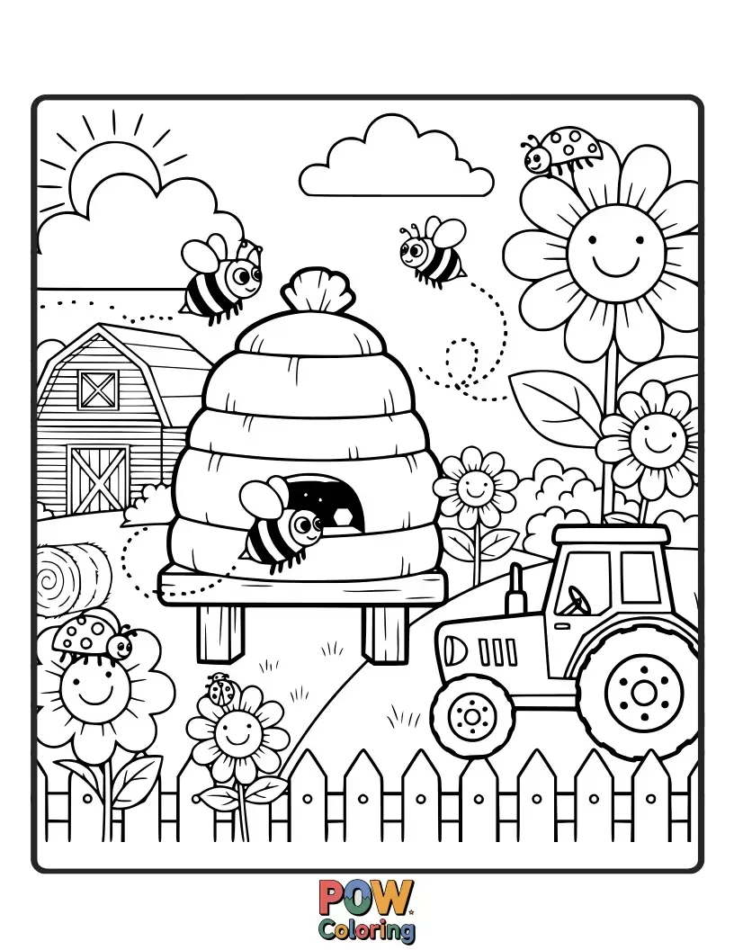 Free coloring page of A hive of activity on the farm, with busy bees collecting nectar from giant flowers.