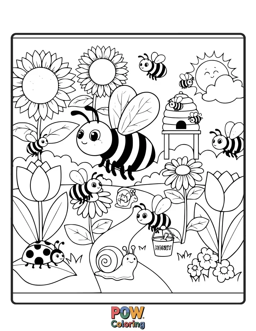 Free coloring page of Energetic bees with determined expressions collecting nectar from oversized, friendly-looking flowers, creating a buzzing spectacle.
