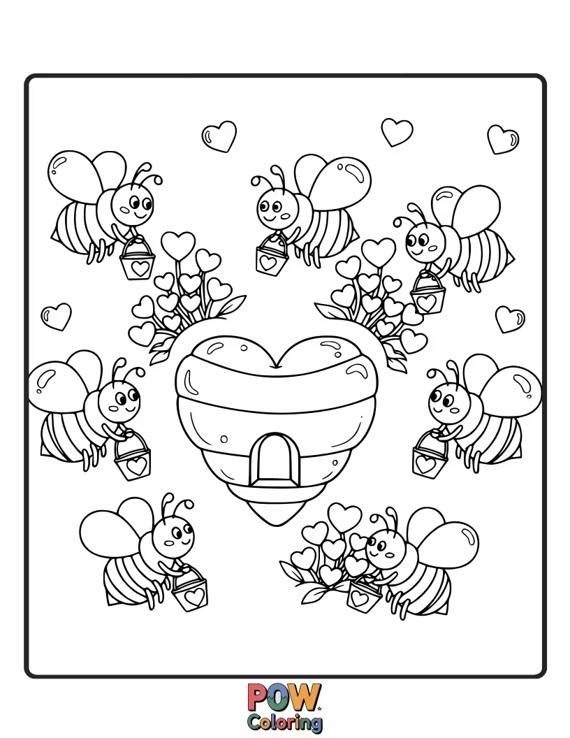Free coloring page of Friendly bees buzzing around heart-shaped flowers, collecting nectar. Sweet and industrious.