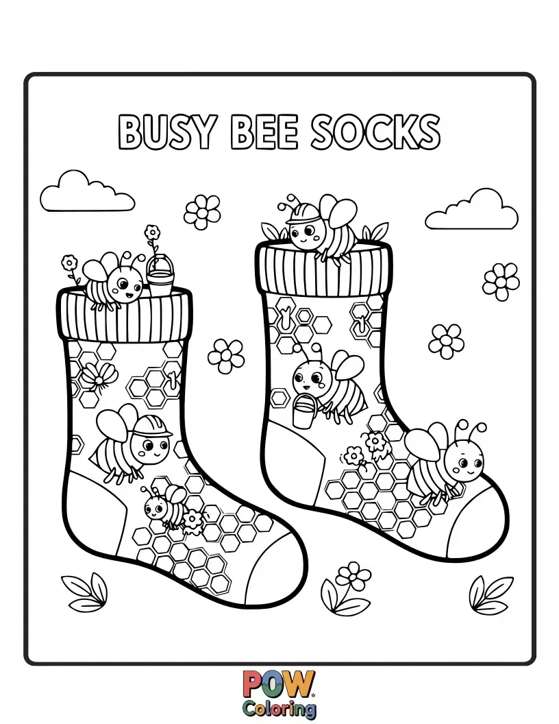 Free coloring page of Buzzing with fun! These socks are covered in adorable bees collecting nectar from cheerful flowers.