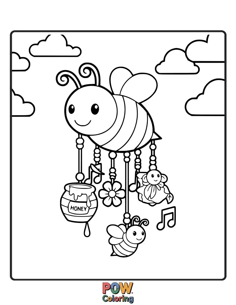 Free coloring page of Energetic bees buzzing around sweet-smelling flowers adorned with cheerful wind chimes.