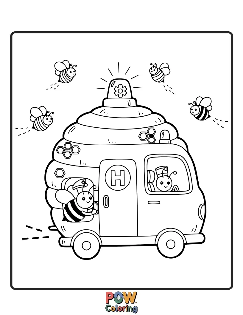 Free coloring page of A sweet ambulance shaped like a beehive, with honeycombs and buzzing bees.