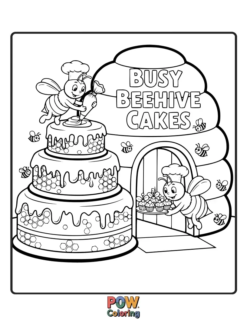 Free coloring page of Adorable beehive-shaped cakes buzzing with friendly bees and surrounded by sweet honeycombs.