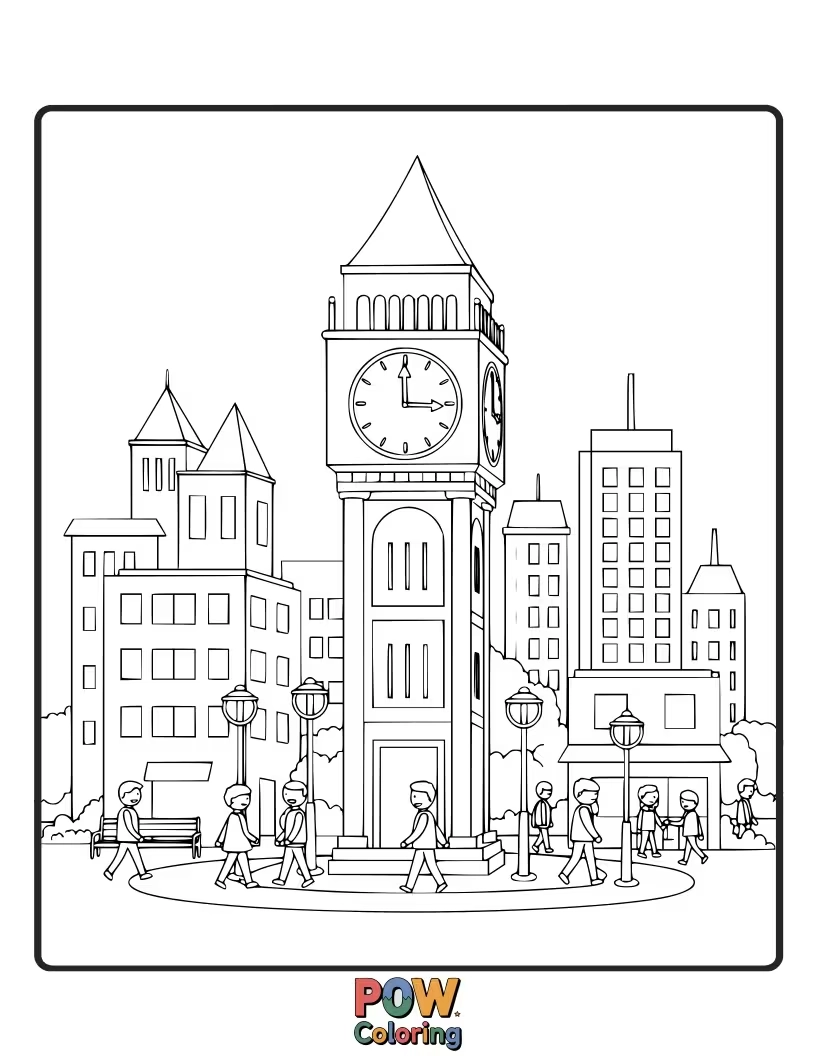 Free coloring page of A clock depicting a bustling cityscape with buildings and cars around the numbers.
