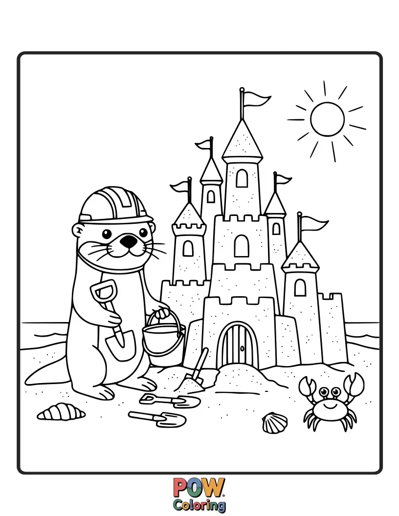 Free coloring page of A focused otter gathering sticks and rocks to build its cozy den. Sparks creativity in depicting natural elements.