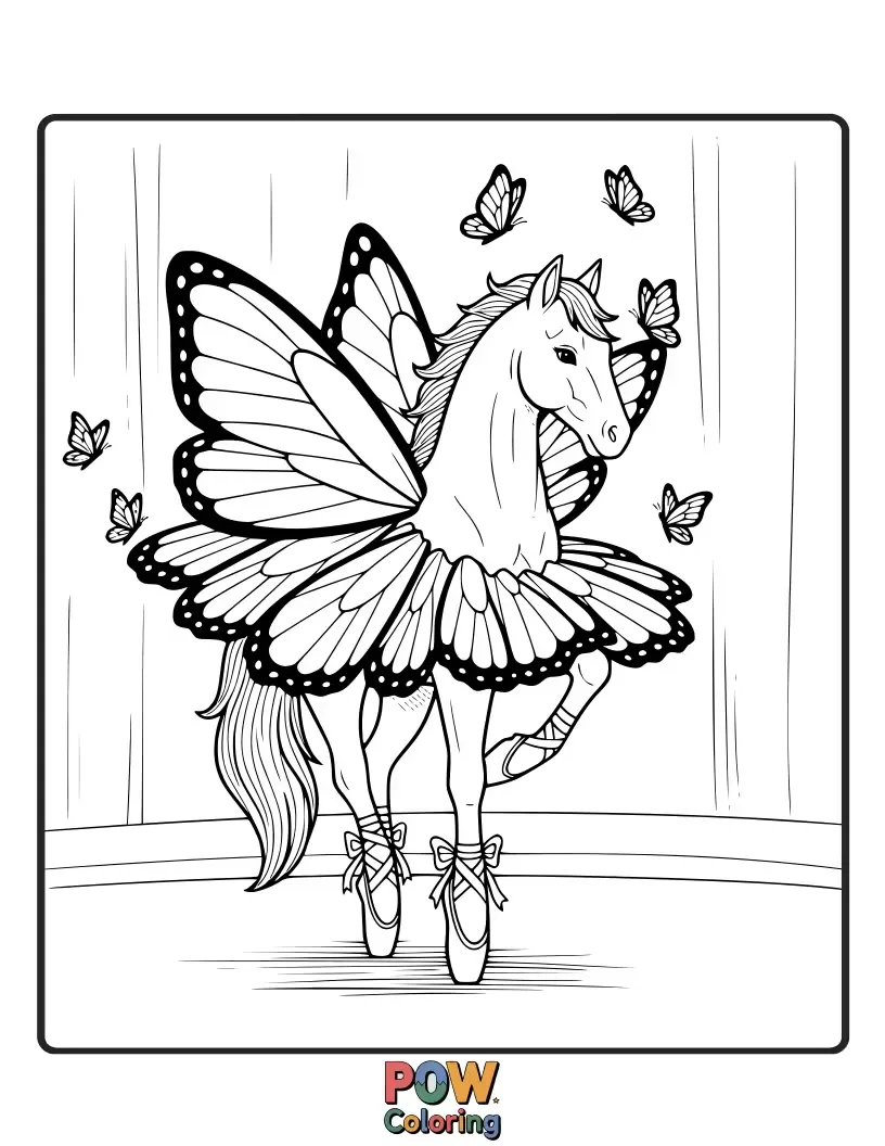 Free coloring page of An elegant horse gracefully dancing, surrounded by a swirl of delicate butterflies.