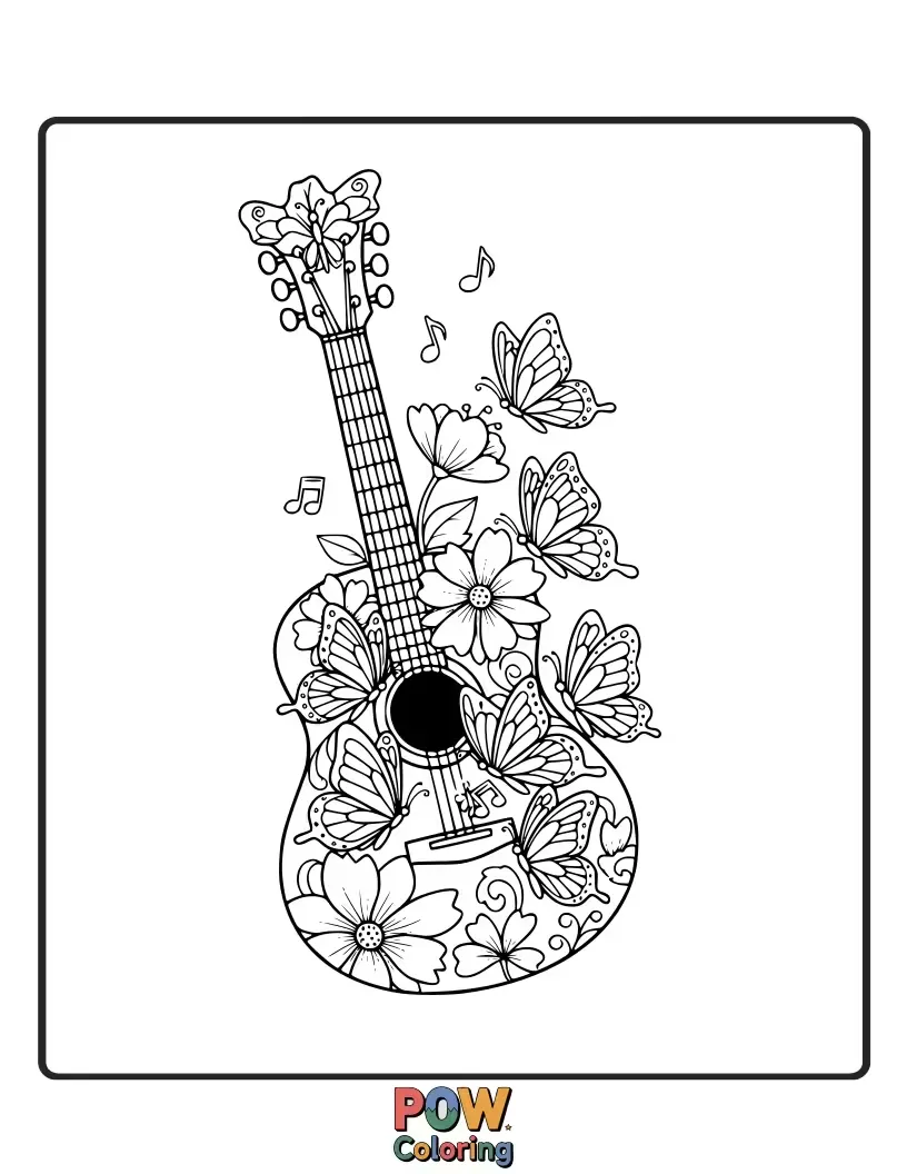 Free coloring page of A guitar with delicate butterfly wings as its body and floral inlays.
