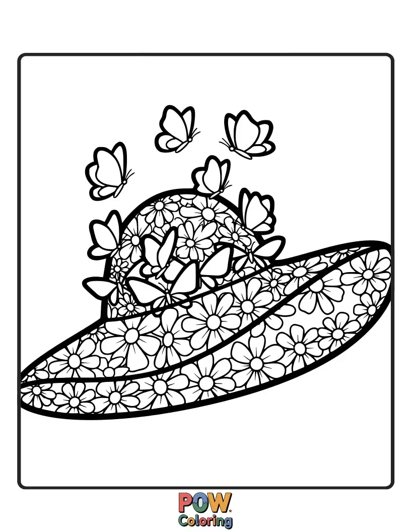 Free coloring page of A beautiful hat adorned with delicate butterflies fluttering amongst blooming flowers. Nature's artistry!