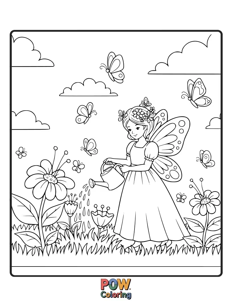 Free coloring page of A lovely princess surrounded by colorful butterflies fluttering through a blooming garden.