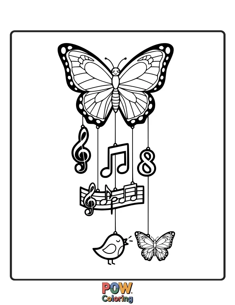 Free coloring page of Delicate butterflies fluttering around colorful wind chimes, creating a visual symphony.