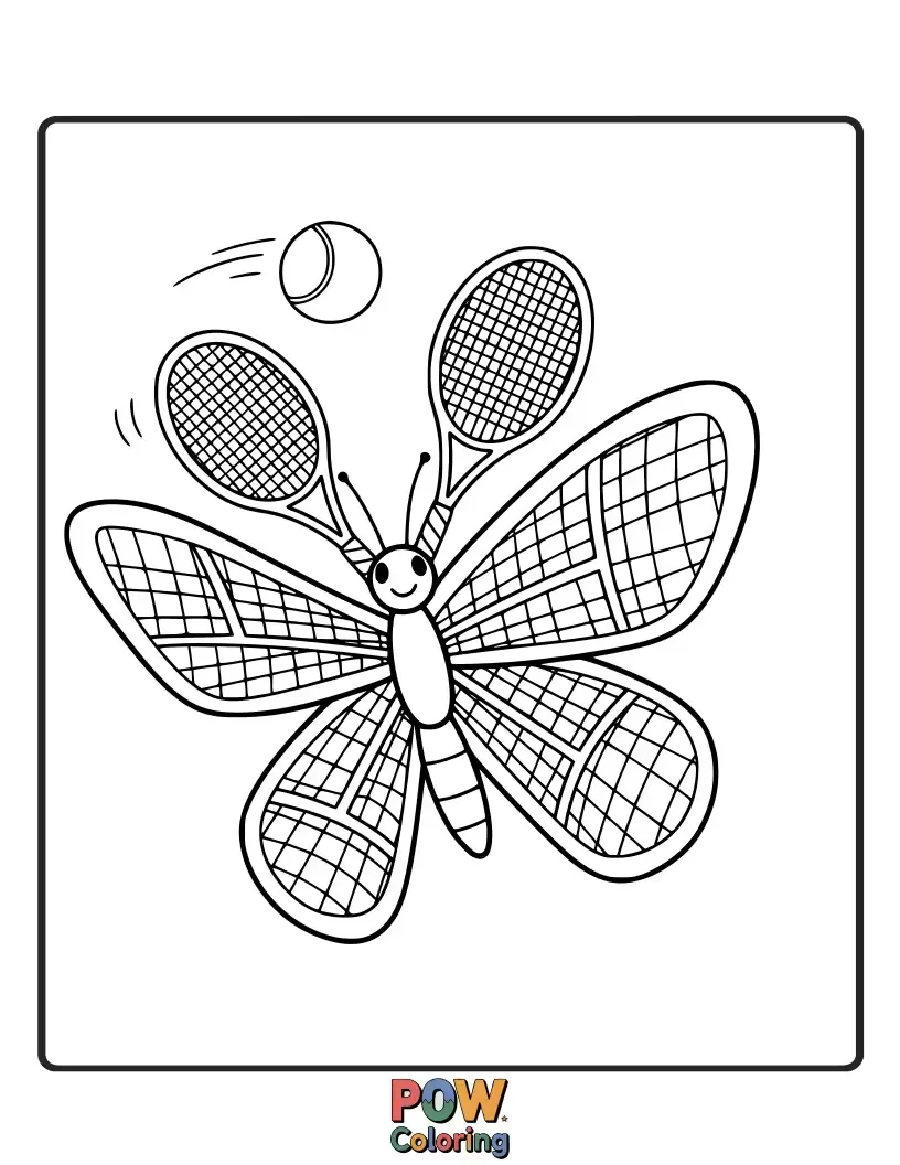 Free coloring page of Butterflies with wing patterns resembling tennis rackets flitting around a tennis court, chasing tiny balls.