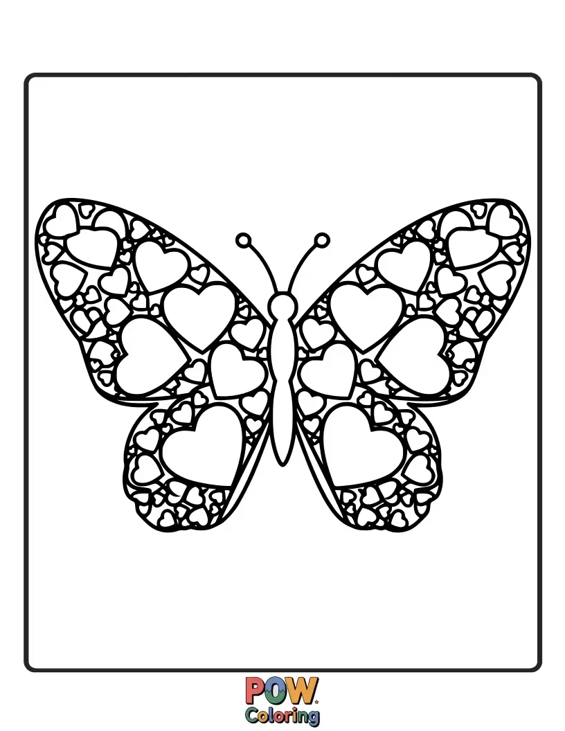 Free coloring page of Delicate butterfly wings intricately designed to resemble hearts. Elegant and ethereal beauty.