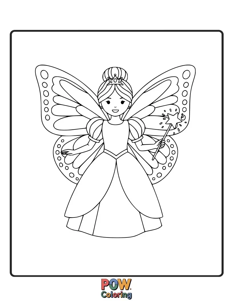 Free coloring page of A magical princess with delicate butterfly wings, ready to flutter through the air.