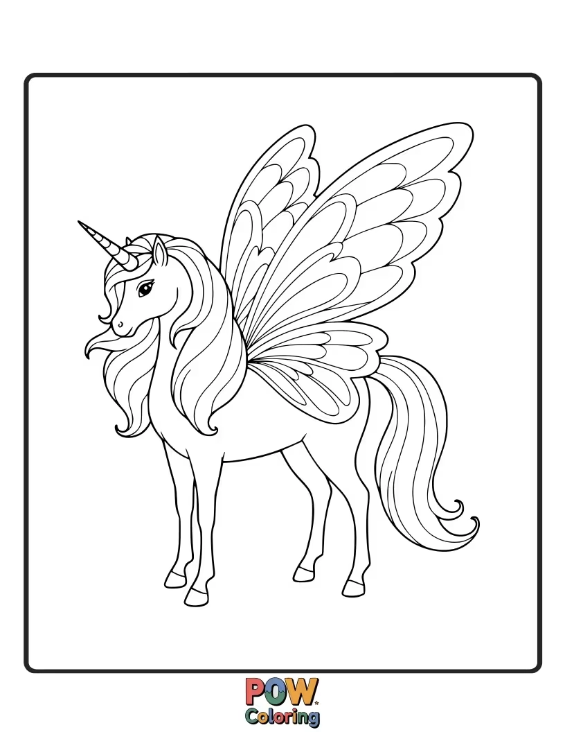 Free coloring page of Playful unicorn with large, decorative butterfly wings, ready to take flight.