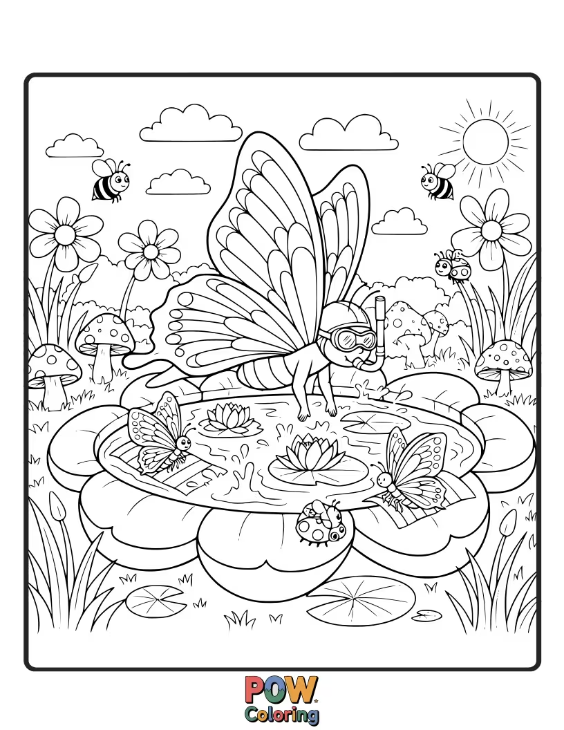 Free coloring page of A beautiful butterfly with delicate wings takes a refreshing dip in a dewdrop, a tiny, magical pool.