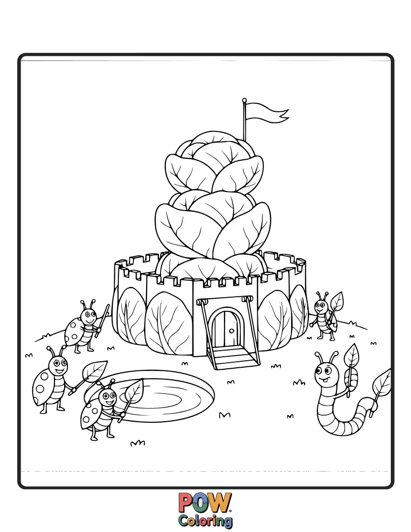 Free coloring page of A majestic cabbage fortress, complete with leafy ramparts, being bravely defended by tiny, valiant peas.