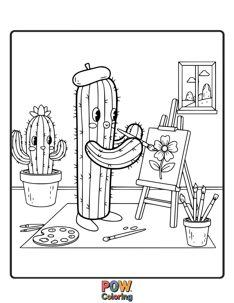 Free coloring page of A creative cactus with a paintbrush, creating a masterpiece on an easel.