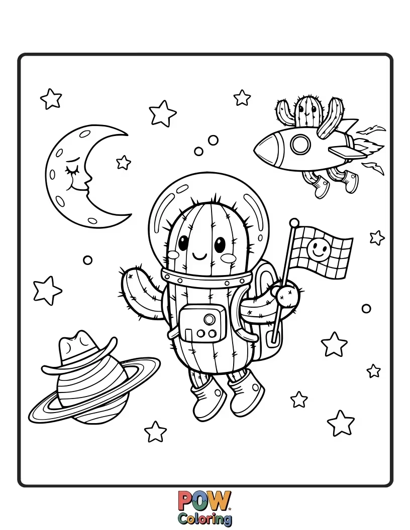Free coloring page of A brave cactus in a spacesuit, exploring a starry alien planet with curiosity.