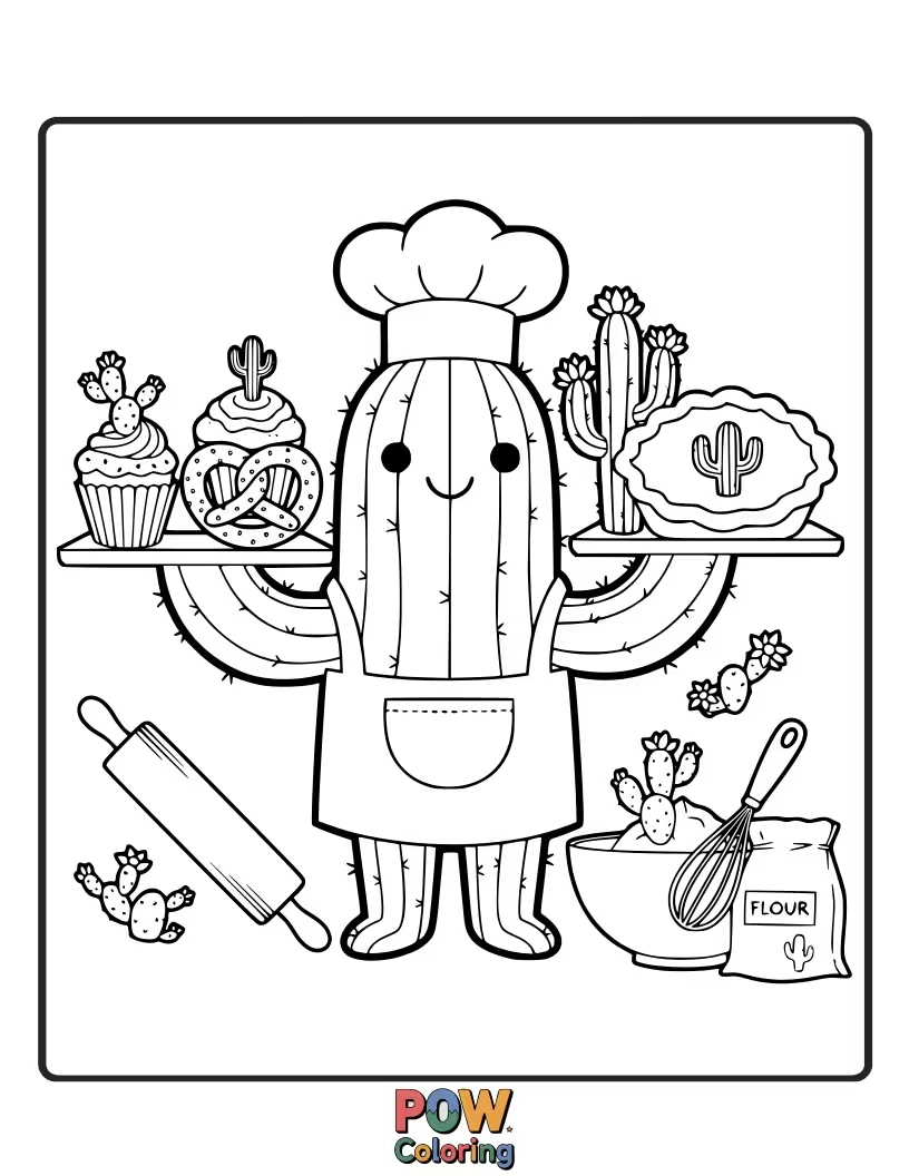Free coloring page of A happy cactus in a baker's hat, decorating a beautifully frosted cake.