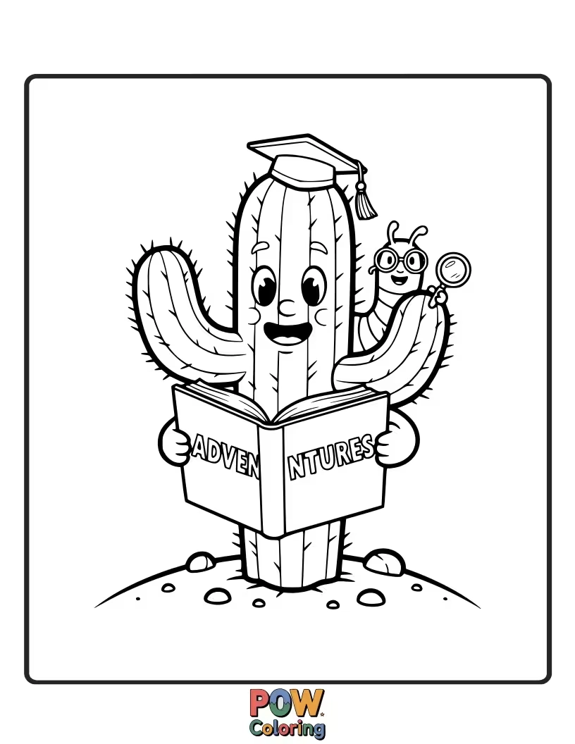 Free coloring page of A studious cactus engrossed in a large book, with stacks of literature nearby.