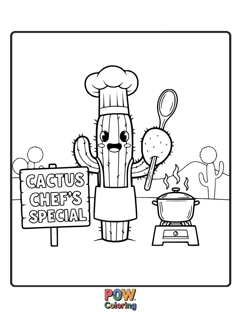 Free coloring page of A jolly cactus wearing a chef's hat, proudly presenting a delicious-looking desert dish.