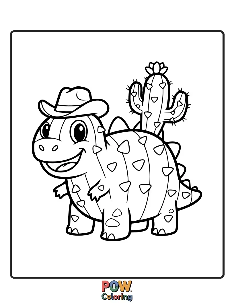 Free coloring page of A friendly cactus befriending a tiny, cute dinosaur in a prehistoric landscape.