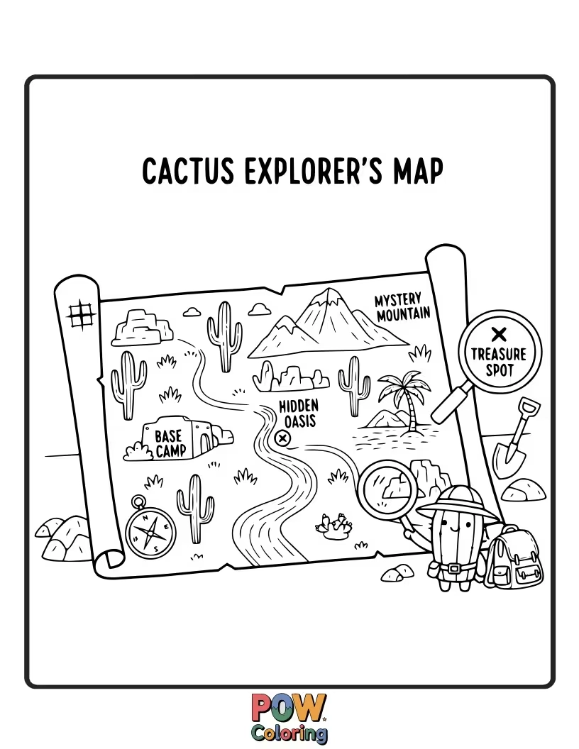 Free coloring page of A curious cactus studying an ancient map, ready for a grand expedition.